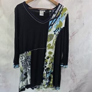 Parsley & Sage Shirt Womens XL Black Green Artsy Art To Wear Tunic Flowy V Neck
